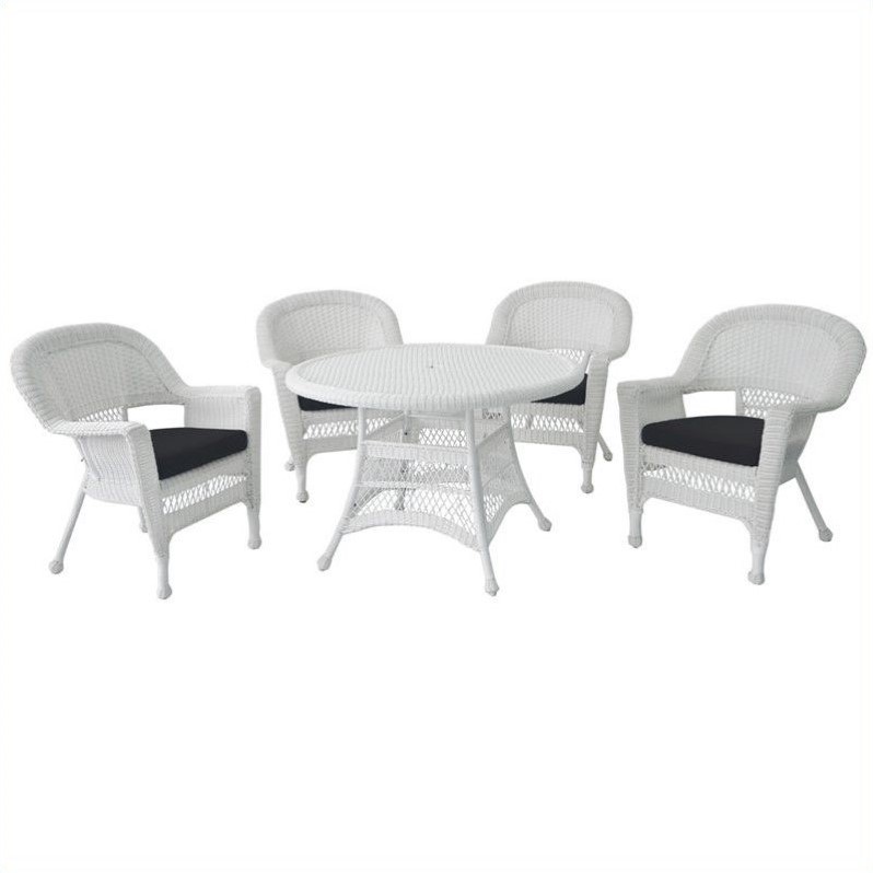 Jeco 5 Piece Resin Wicker Outdoor Patio Dining Set in White with Black Cushion