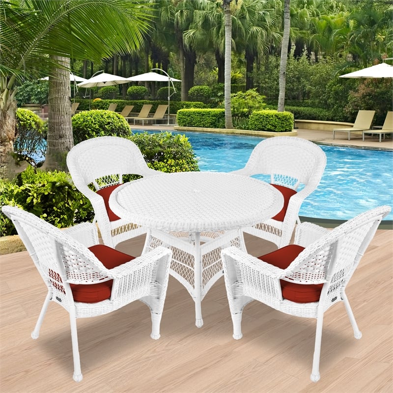 Jeco 5 Piece Resin Wicker Outdoor Patio Dining Set in White with Red Cushion