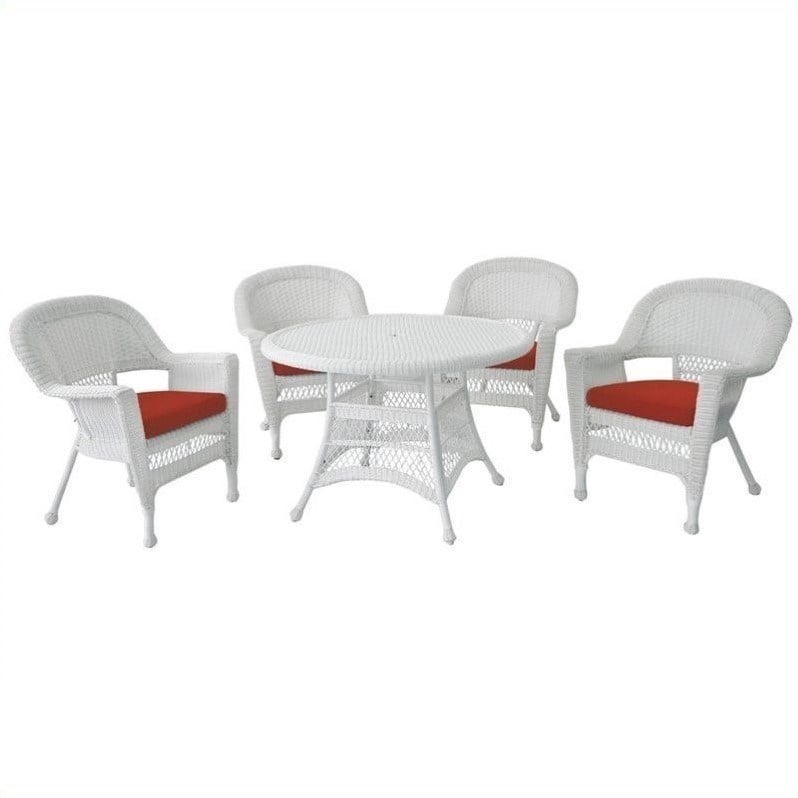 Jeco 5 Piece Resin Wicker Outdoor Patio Dining Set in White with Red Cushion