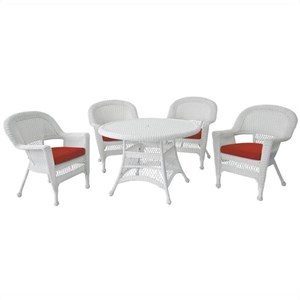 Jeco 5 Piece Resin Wicker Outdoor Patio Dining Set in White with Red Cushion