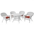 Jeco 5 Piece Resin Wicker Outdoor Patio Dining Set in White with Red Cushion