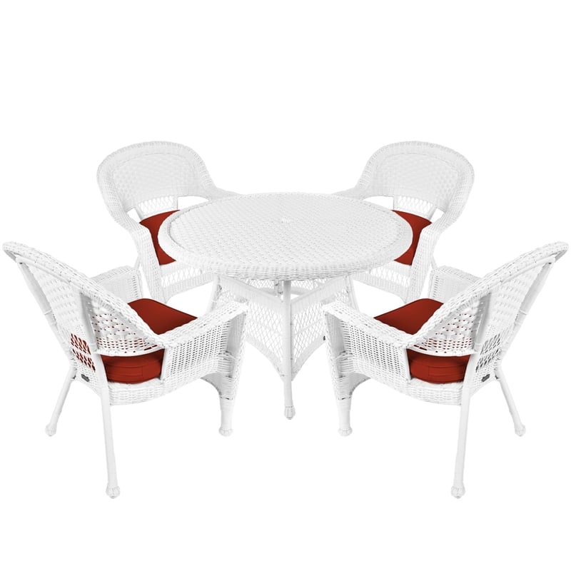 Jeco 5 Piece Resin Wicker Outdoor Patio Dining Set in White with Red Cushion