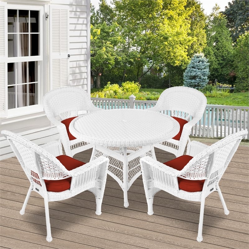 Jeco 5 Piece Resin Wicker Outdoor Patio Dining Set in White with Red Cushion