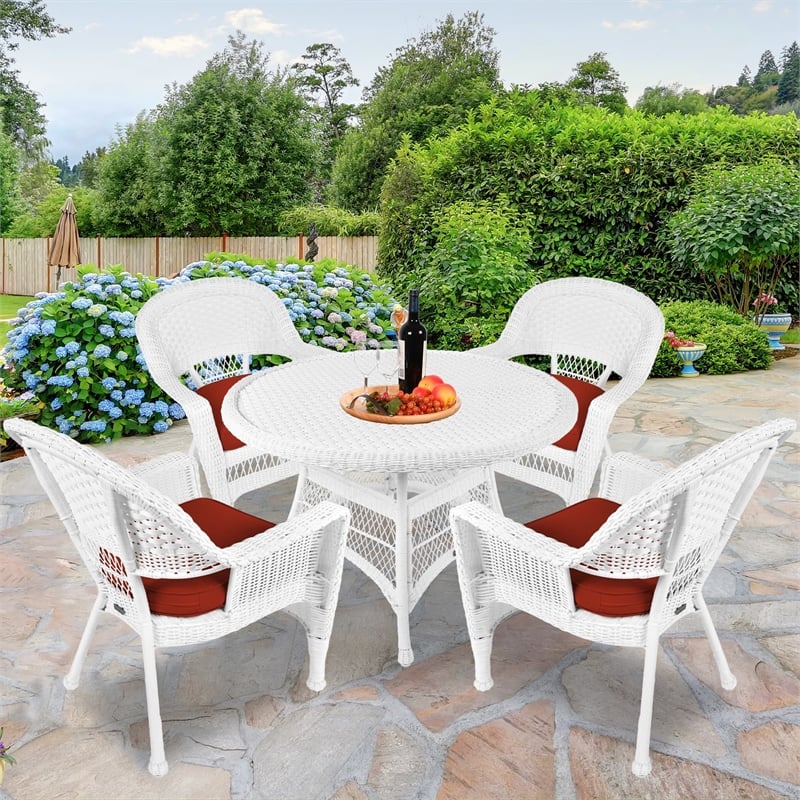 Jeco 5 Piece Resin Wicker Outdoor Patio Dining Set in White with Red Cushion