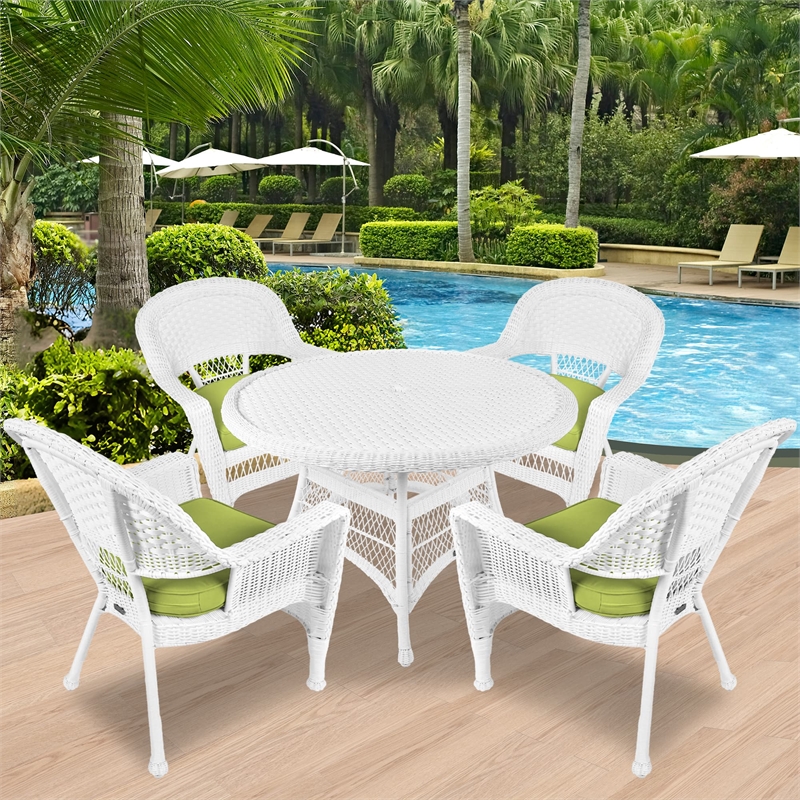 Jeco 5 Piece Resin Wicker Outdoor Patio Dining Set in White with Green Cushion