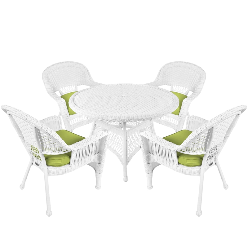Jeco 5 Piece Resin Wicker Outdoor Patio Dining Set in White with Green Cushion