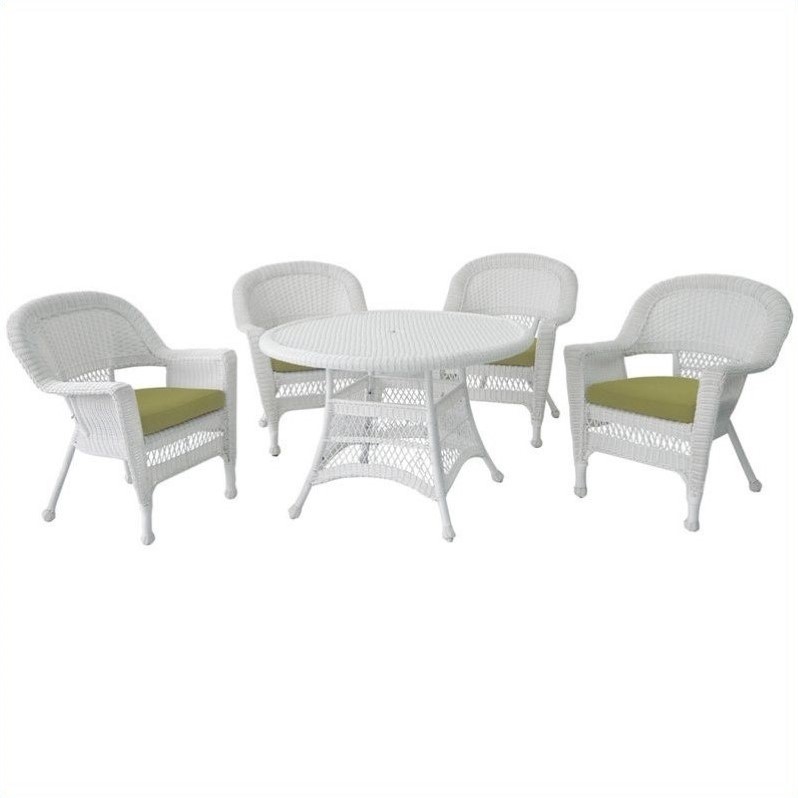 Jeco 5 Piece Resin Wicker Outdoor Patio Dining Set in White with Green Cushion