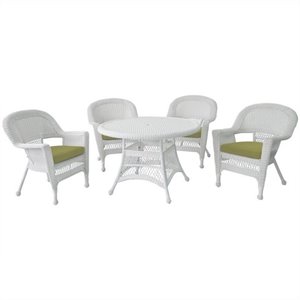 Jeco 5 Piece Resin Wicker Outdoor Patio Dining Set in White with Green Cushion