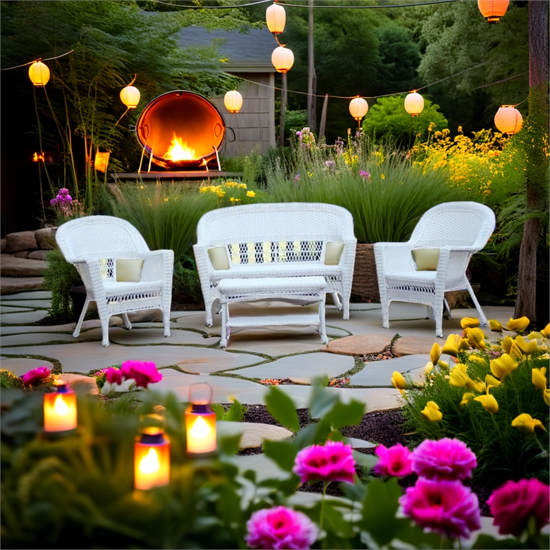 Jeco 4 Piece Resin Wicker Modern Patio Sofa Set in White