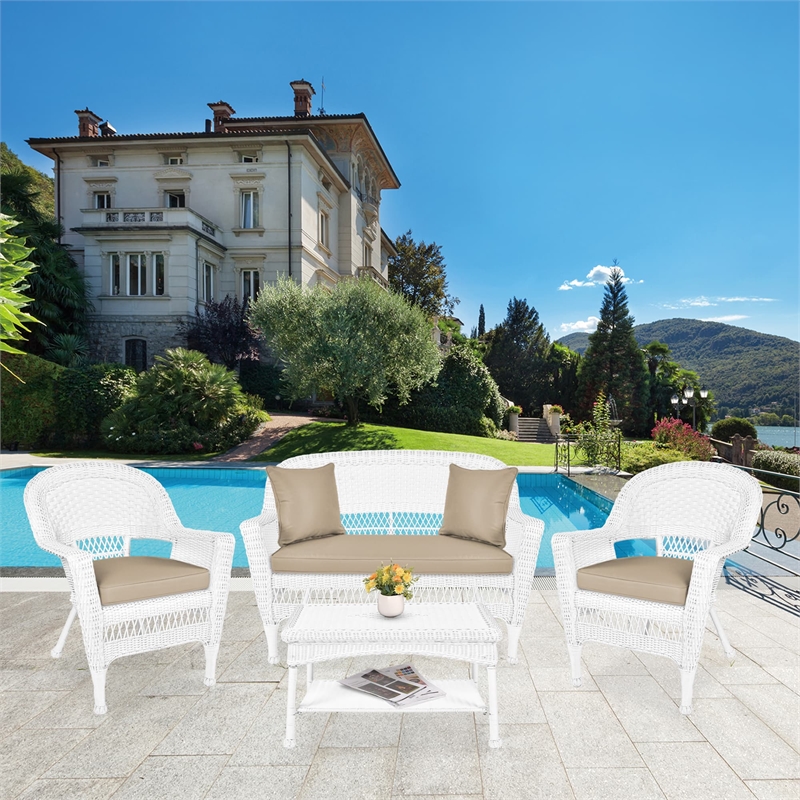 Jeco 4pc Wicker Conversation Set in White with Tan Cushions