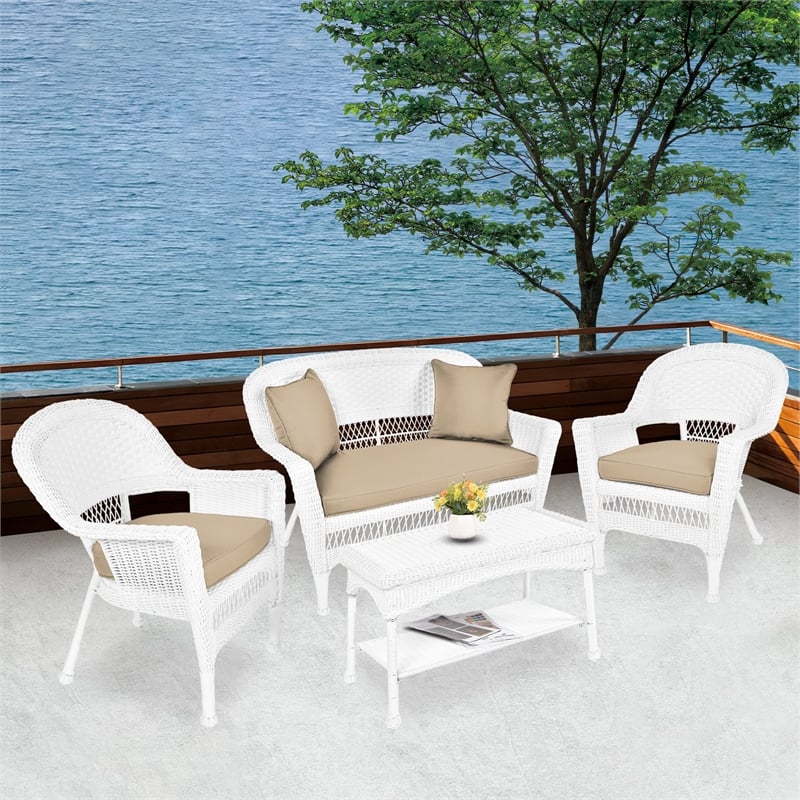 Jeco 4pc Wicker Conversation Set in White with Tan Cushions