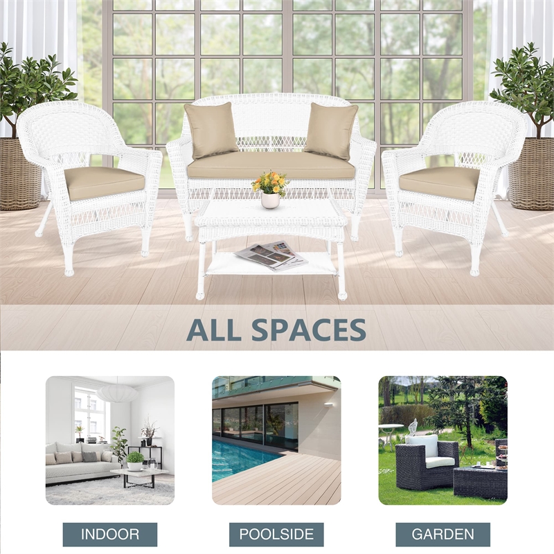 Jeco 4pc Wicker Conversation Set in White with Tan Cushions
