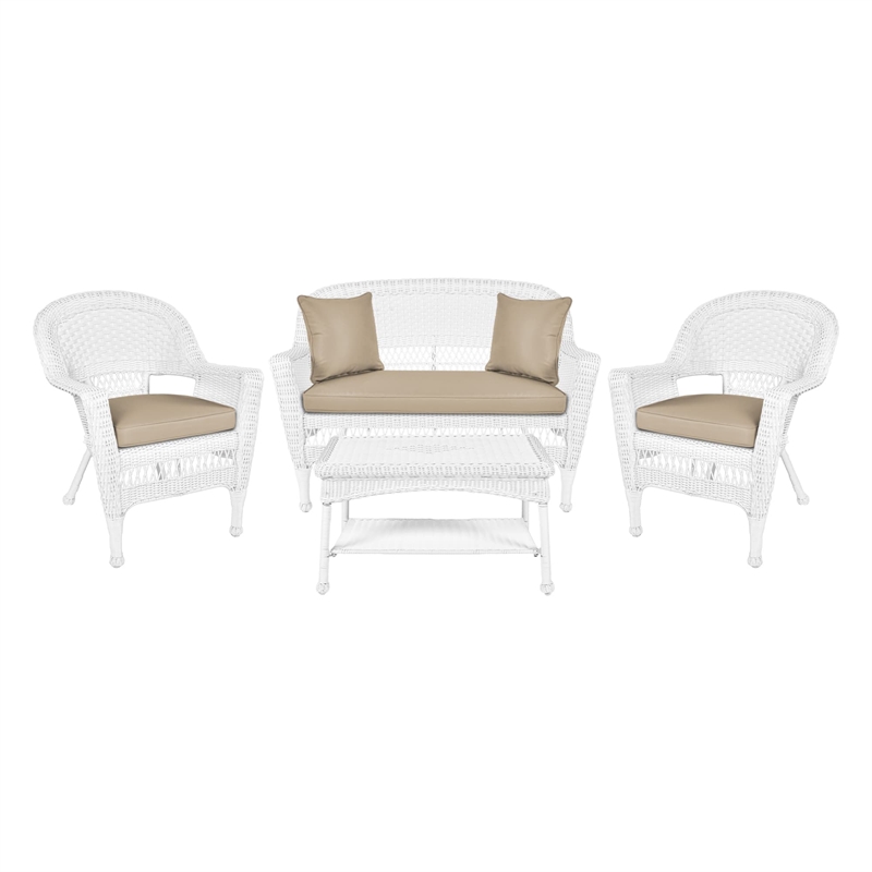 Jeco 4pc Wicker Conversation Set in White with Tan Cushions