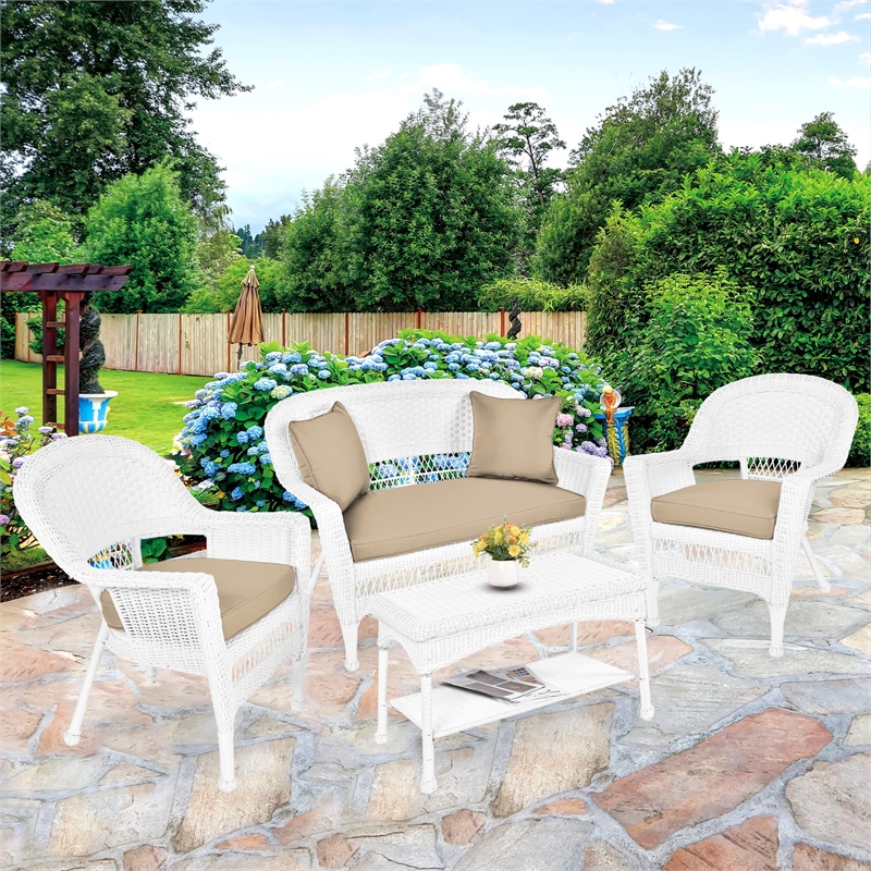 Jeco 4pc Wicker Conversation Set in White with Tan Cushions