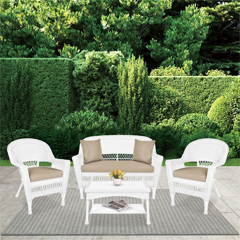 Jeco 4pc Wicker Conversation Set in White with Tan Cushions