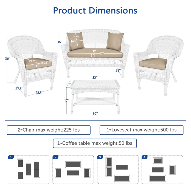 Jeco 4pc Wicker Conversation Set in White with Tan Cushions