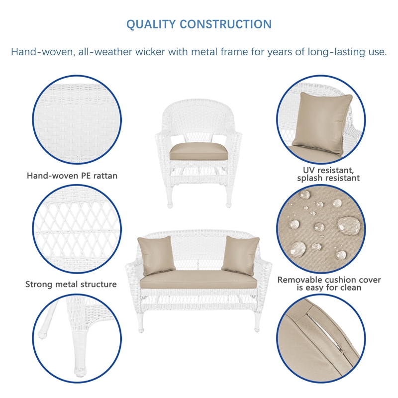 Jeco 4pc Wicker Conversation Set in White with Tan Cushions