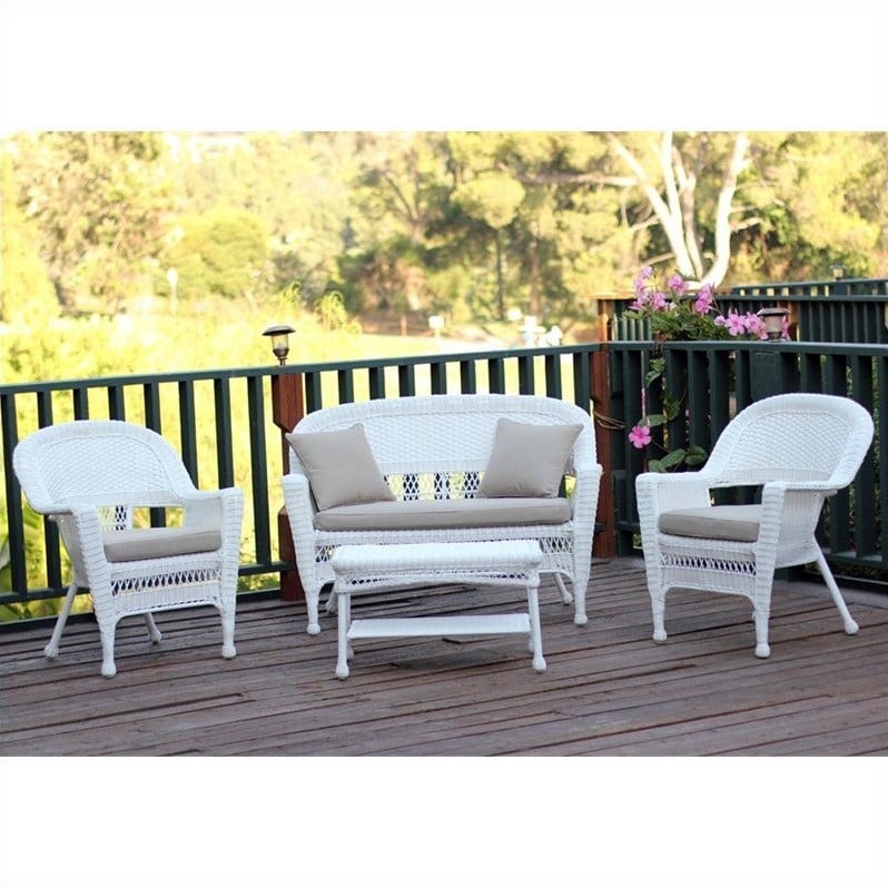 Jeco 4pc Wicker Conversation Set in White with Tan Cushions