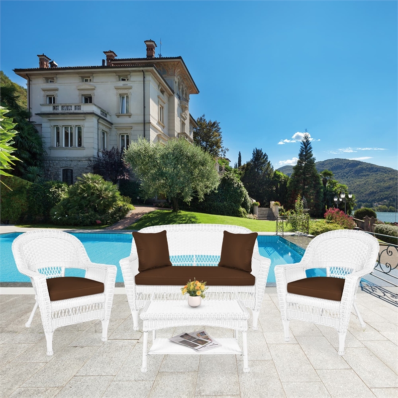 Jeco 4pc Wicker Conversation Set in White with Cocoa Brown Cushions