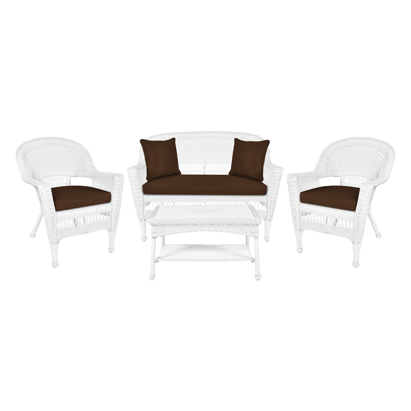 Jeco 4pc Wicker Conversation Set in White with Cocoa Brown Cushions