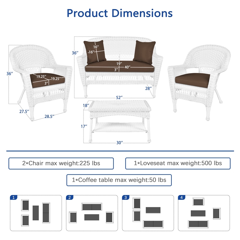 Jeco 4pc Wicker Conversation Set in White with Cocoa Brown Cushions