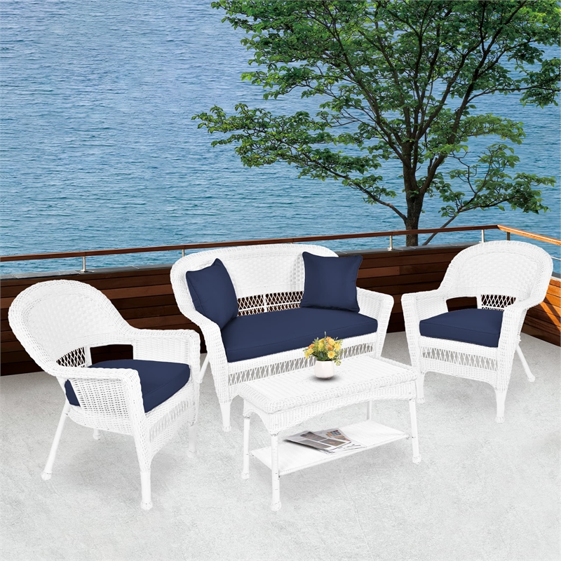 Jeco 4pc Wicker Conversation Set in White with Navy Blue Cushions