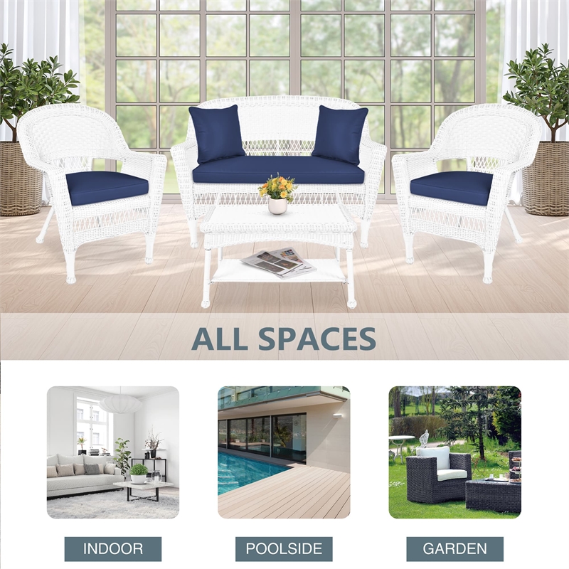 Jeco 4pc Wicker Conversation Set in White with Navy Blue Cushions