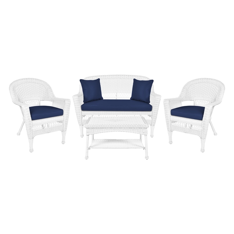 Jeco 4pc Wicker Conversation Set in White with Navy Blue Cushions