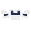 Jeco 4pc Wicker Conversation Set in White with Navy Blue Cushions