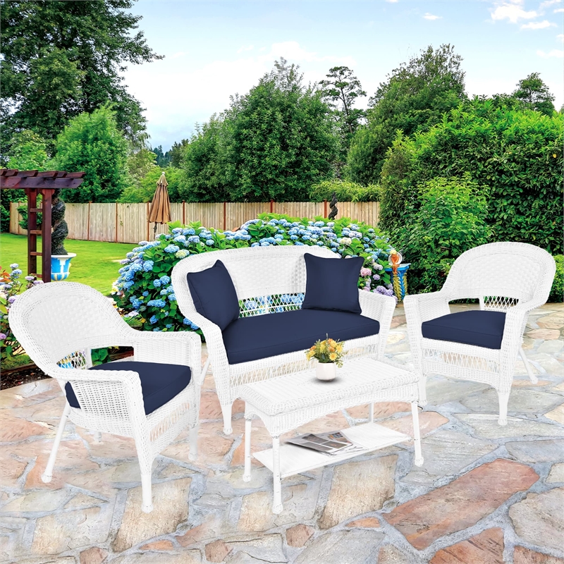 Jeco 4pc Wicker Conversation Set in White with Navy Blue Cushions