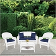 Jeco 4pc Wicker Conversation Set in White with Navy Blue Cushions