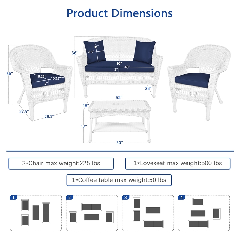 Jeco 4pc Wicker Conversation Set in White with Navy Blue Cushions