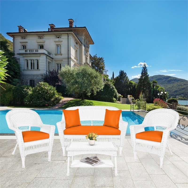 Jeco 4pc Wicker Conversation Set in White with Brick Orange Cushions
