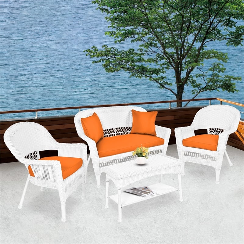 Jeco 4pc Wicker Conversation Set in White with Brick Orange Cushions