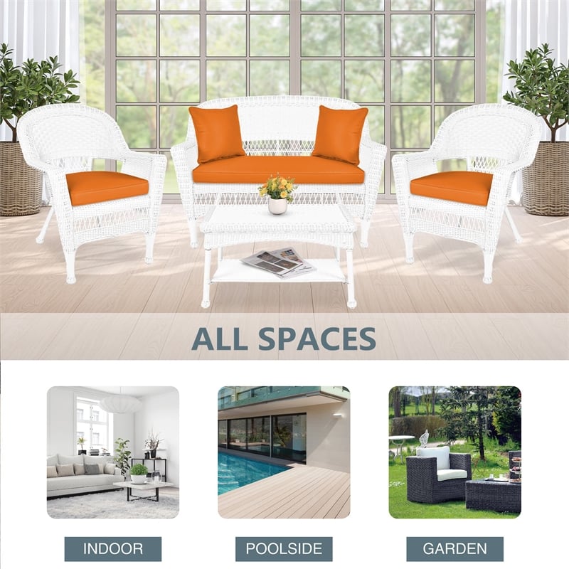 Jeco 4pc Wicker Conversation Set in White with Brick Orange Cushions