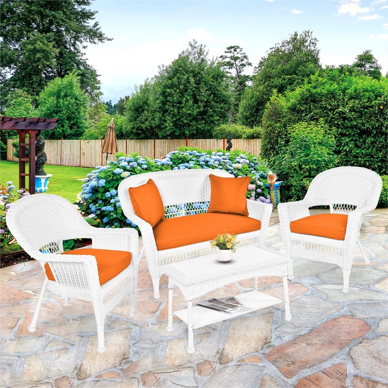 Jeco 4pc Wicker Conversation Set in White with Brick Orange Cushions