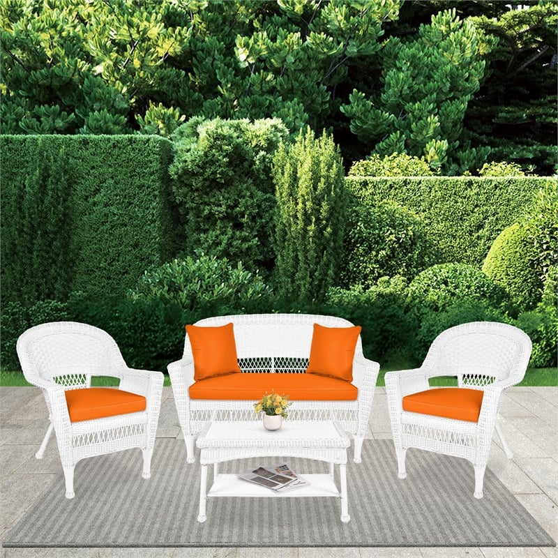 Jeco 4pc Wicker Conversation Set in White with Brick Orange Cushions