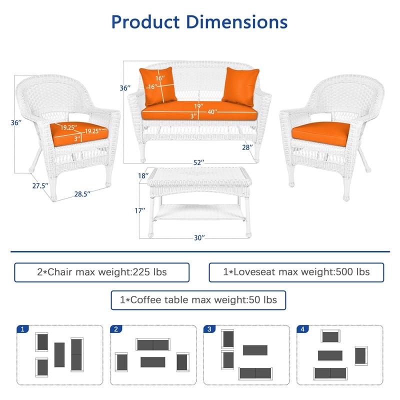 Jeco 4pc Wicker Conversation Set in White with Brick Orange Cushions