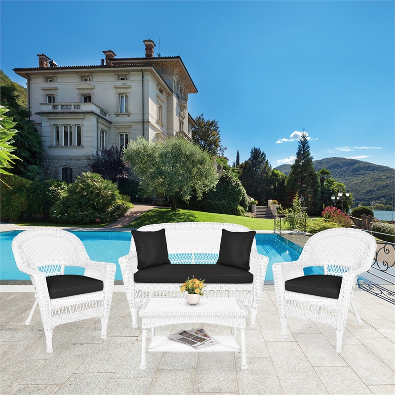 Jeco 4pc Wicker Conversation Set in White with Black Cushions