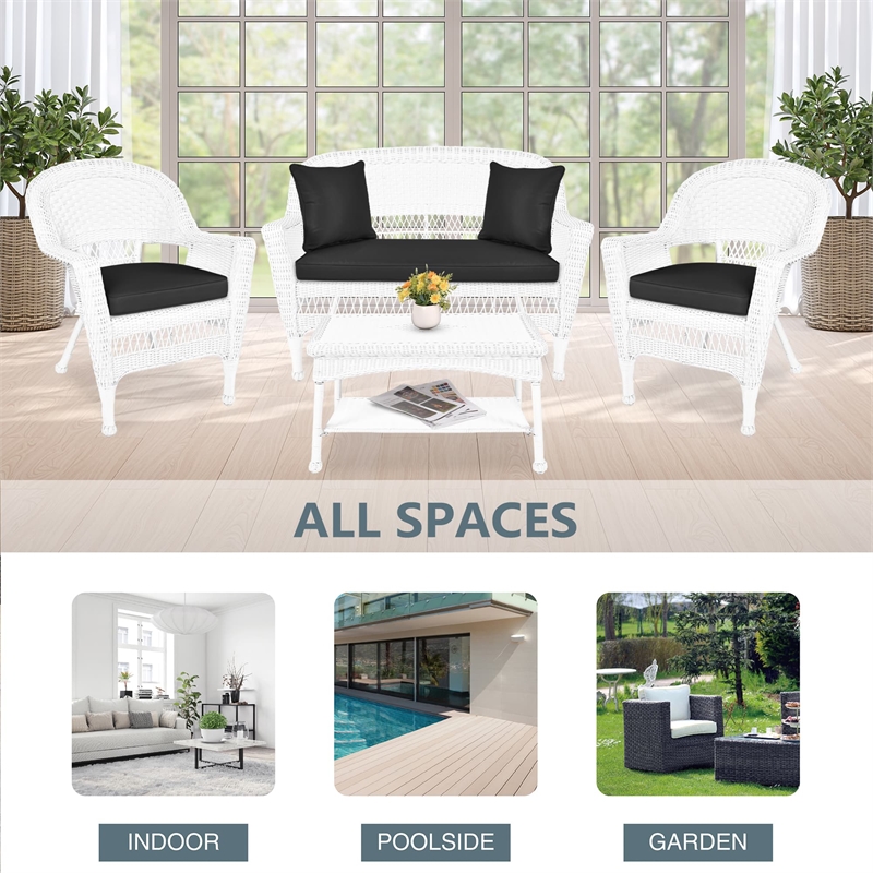 Jeco 4pc Wicker Conversation Set in White with Black Cushions