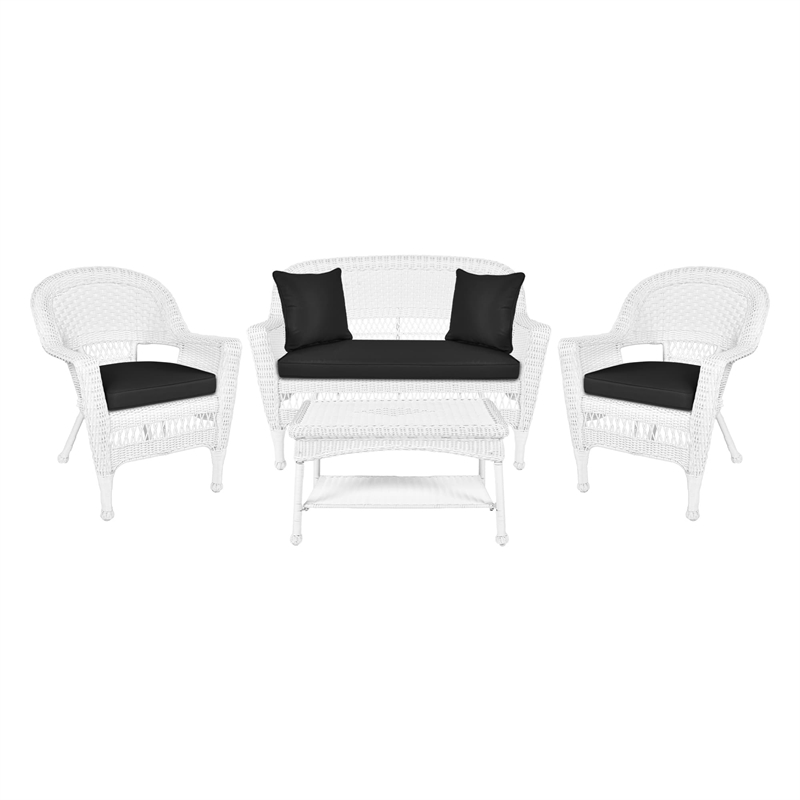 Jeco 4pc Wicker Conversation Set in White with Black Cushions