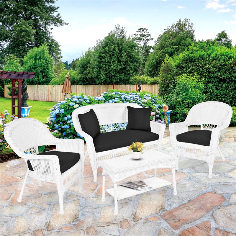 Jeco 4pc Wicker Conversation Set in White with Black Cushions