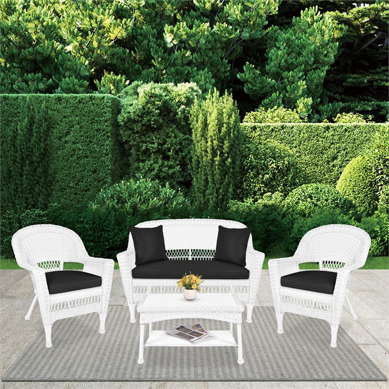 Jeco 4pc Wicker Conversation Set in White with Black Cushions