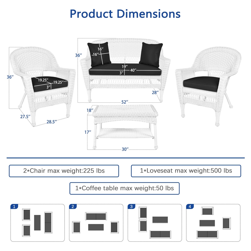 Jeco 4pc Wicker Conversation Set in White with Black Cushions