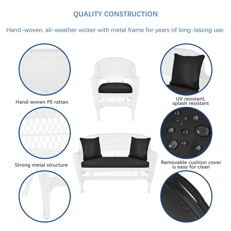 Jeco 4pc Wicker Conversation Set in White with Black Cushions
