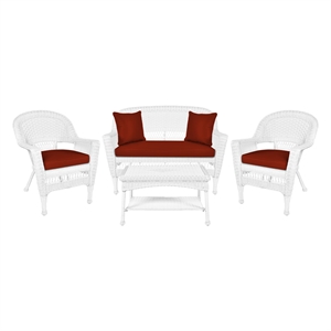 Jeco 4 Piece Resin Wicker Patio Conversation Set in White with Brick Red Cushion