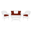 Jeco 4 Piece Resin Wicker Patio Conversation Set in White with Brick Red Cushion