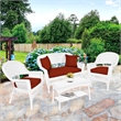 Jeco 4 Piece Resin Wicker Patio Conversation Set in White with Brick Red Cushion