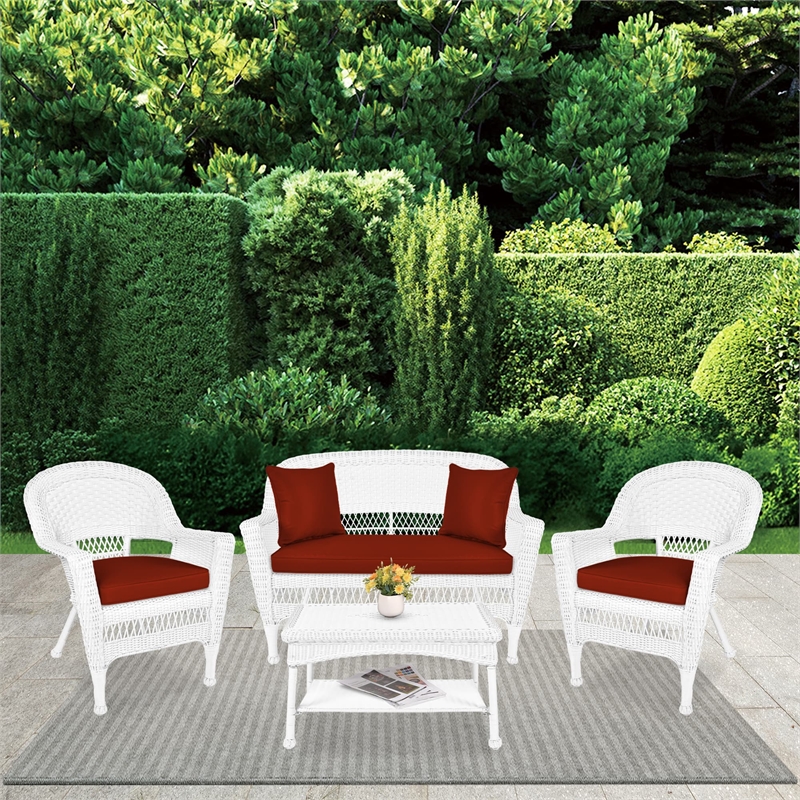 Jeco 4 Piece Resin Wicker Patio Conversation Set in White with Brick Red Cushion