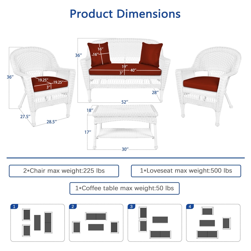 Jeco 4 Piece Resin Wicker Patio Conversation Set in White with Brick Red Cushion